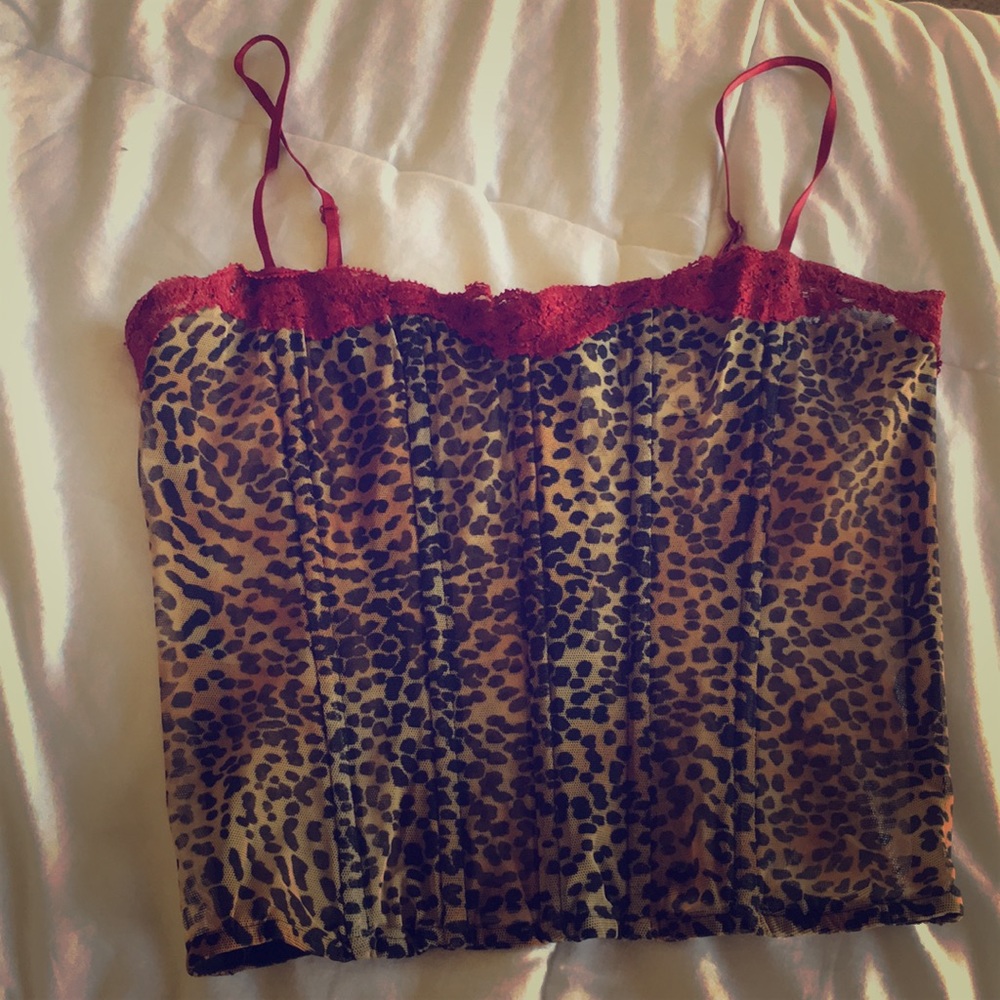 Leopard print Bebe bustier red lace accent